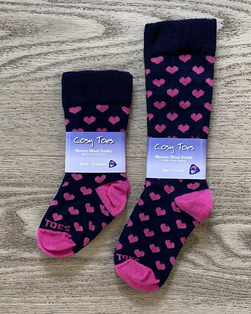 Baby Merino Socks – Navy/Pink Hearts Long