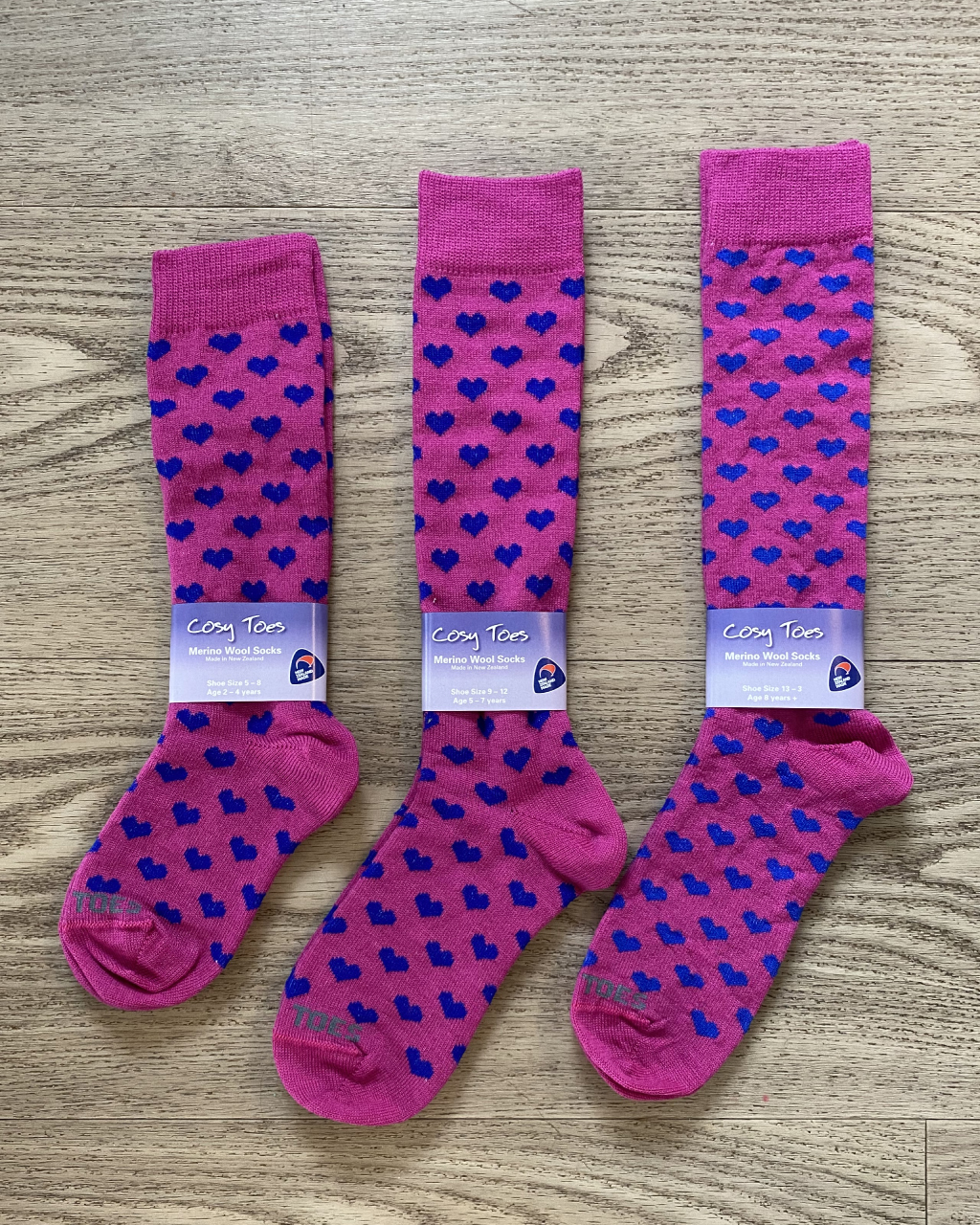 Kids Merino Socks – Pink/Royal Hearts Long